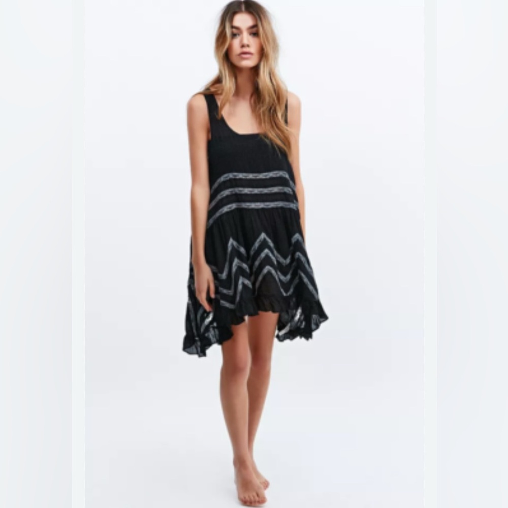 Free People Intimately Free Voile Slip Trapeze Dress S Polka Dot Lace Black